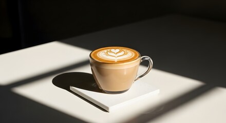 A cup of creamy latte with floral rosetta art sits on a coaster in direct morning sunlight, casting deep shadows on a white minimalist table