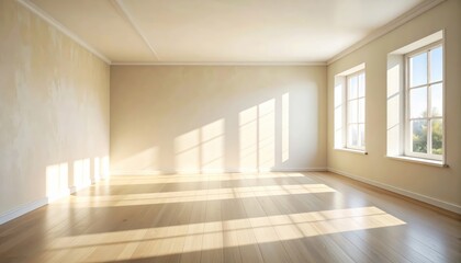 Obraz premium An empty room bathed in sunlight, showcasing pale beige walls, light wooden floors, and multiple large windows.
