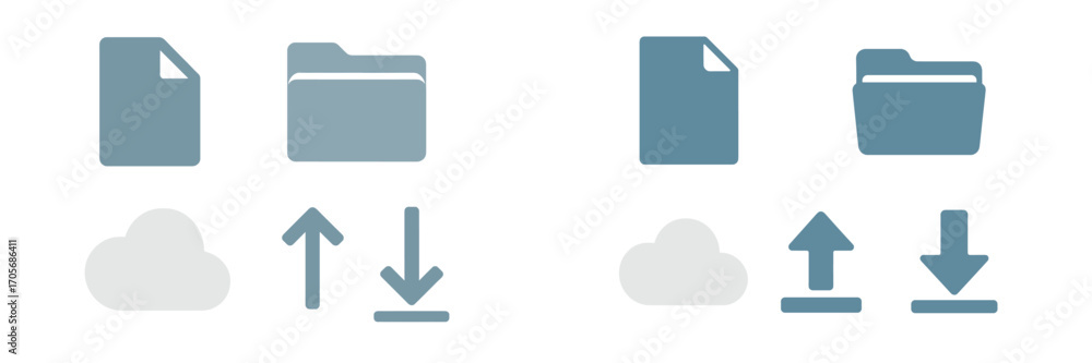 Poster essential cloud storage and file management icons for digital data transfer, online services, and we
