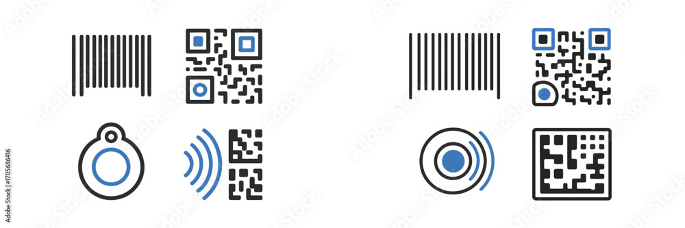 Poster modern identification and data scanning codes with wireless technology symbols including barcodes, q