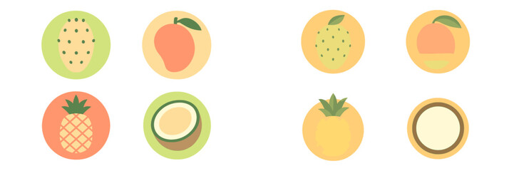 Vibrant collection of tropical and exotic fruit icons featuring pineapple, mango, peach, and coconut halves