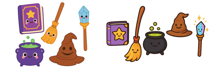 Fantasy magical items set with spellbooks, witch hats, brooms, bubbling cauldrons, and sparkling wands
