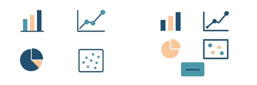 Collection of data visualization icons including bar charts, line graphs, and pie charts for business analytics