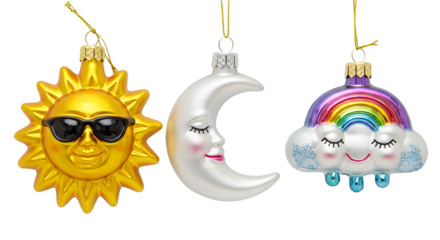 Colorful sun, moon, and rainbow cloud Christmas ornaments with happy faces and cheerful designs, perfect for festive holiday decorations