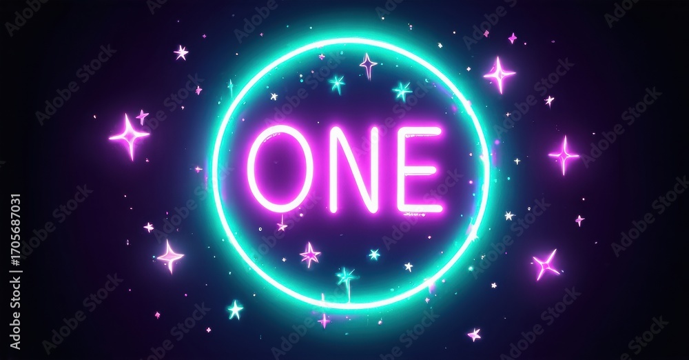 Poster bright neon circle displays one text. sparkling stars surround design against dark purple background