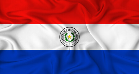 Realistic Paraguay flag waving. Close up of flag of Paraguay with cloth texture