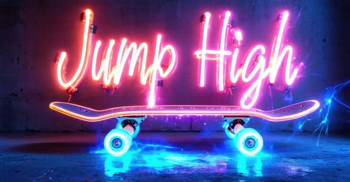 Neon skateboard displays Jump High text. Bright pink glows against dark blue backdrop. Electric sparks emanate from wheels.