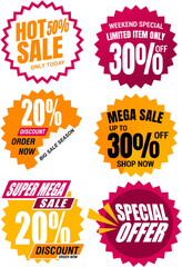 This set of six vibrant, starburst-shaped badges features bold text for various sales and offers, including 