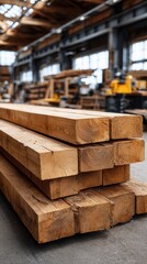 A close-up view of stacked wooden beams in a workshop, showcasing the texture and grain of the wood. Ideal for construction and woodworking themes.