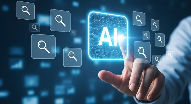 Person touching glowing AI button surrounded by search icons on a digital screen - Powered by Adobe