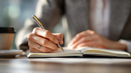 Woman with pen in hand writing in a notebook for business documentation or personal journaling