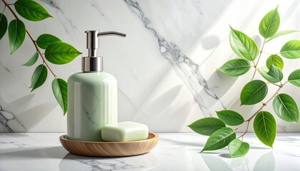 A minimalist, light-filled still life featuring a light green soap dispenser, soap bar, and fresh green leaves on a white marble countertop.