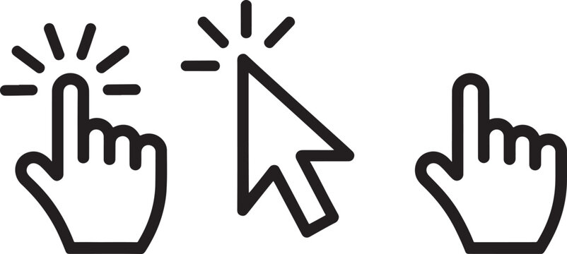 Three icons of hand cursor and pointer on white background click select