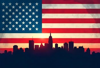 American flag with a grunge texture, a silhouette of a city skyline with tall buildings and skyscrapers in the foreground