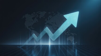 Glowing blue arrow graph showing upward trend over a digital world map background