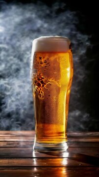 Fresh beer in a large glass with subtle backlighting and mist on a dark backdrop.