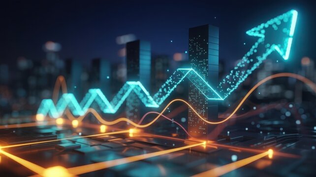 Glowing blue arrow graph shows upward trend with city skyline in the background at night - Powered by Adobe