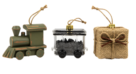 Rustic wooden toy train with coal wagon and burlap gift box ornaments, vintage style decoration perfect for holiday seasons and nostalgic Christmas themes