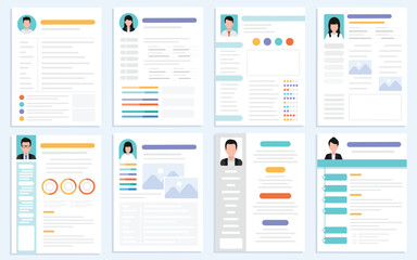 Set of CV documents resume in different styles, Flat design paper sheet.