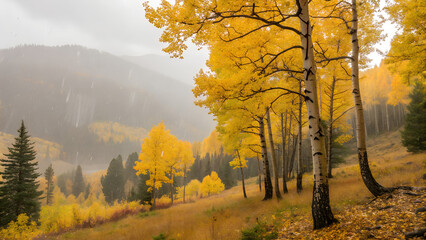 Rain on Golden Autumn Forest – Yellow leaves glistening under fine rain.