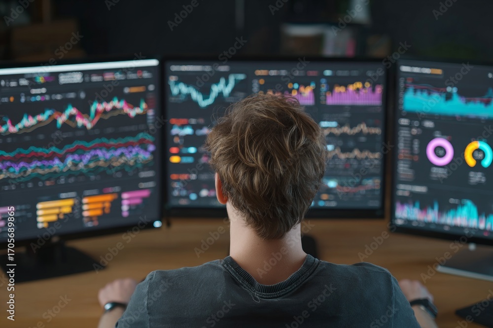 Poster stockbroker working late at night, analyzing charts and graphs on multiple computer screens, making 