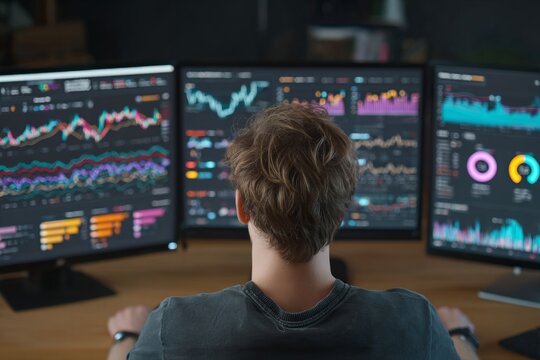 Stockbroker working late at night, analyzing charts and graphs on multiple computer screens, making investment decisions in dimly lit office