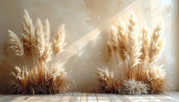 Two lush arrangements of pampas grass stand out against a muted beige backdrop, bathed in warm sunlight.