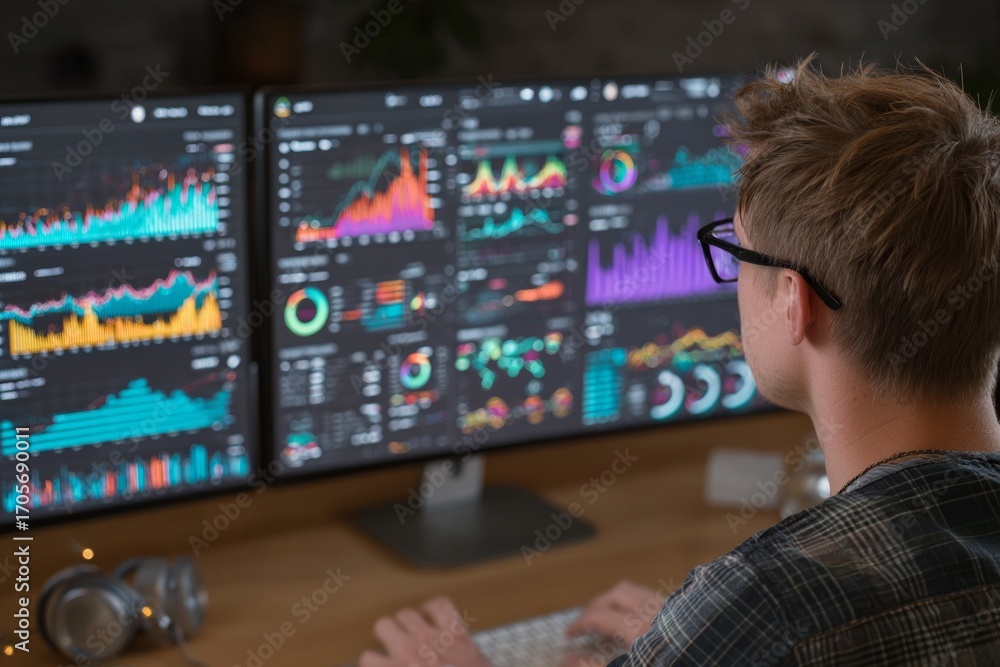 Aufkleber market trader analyzing real-time data on computer screens, working late at night in the office