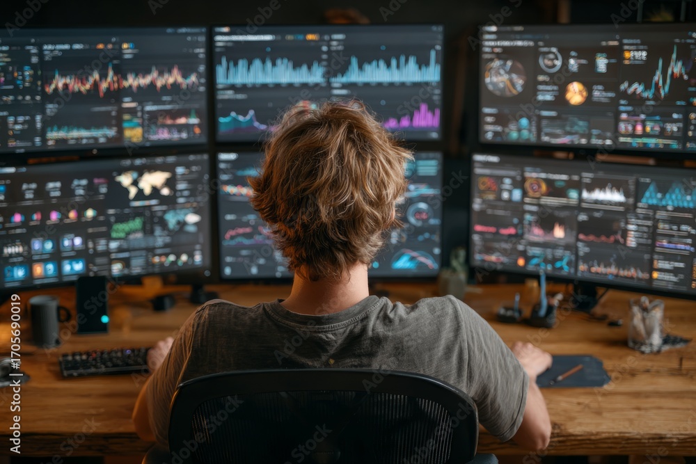 Aufkleber financial analyst working with multiple computer screens showing charts and data visualizations