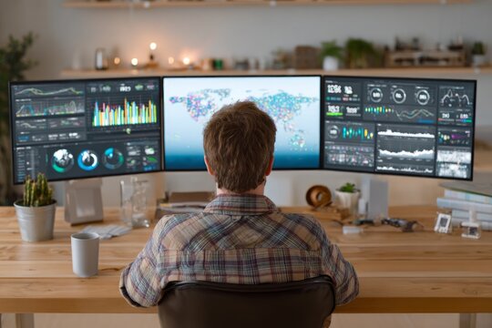Financial analyst analyzing global markets data on a multi-monitor workstation in office