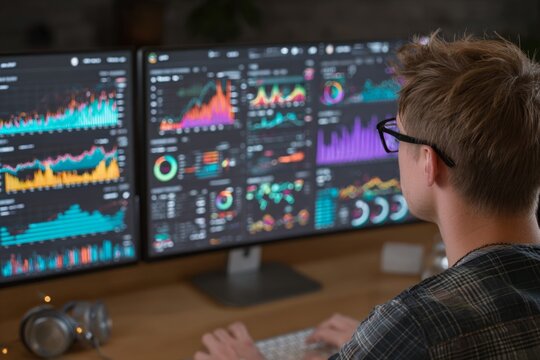Market trader analyzing real-time data on computer screens, working late at night in the office - Powered by Adobe