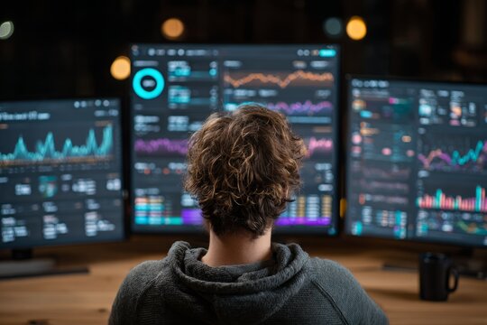 Software engineer working late at night analyzing code, graphs, and data on multiple computer screens