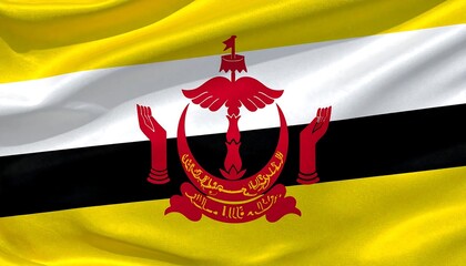 Brunei flag with yellow field, diagonal white and black stripes, and central red emblem featuring crescent, parasol, hands, and Arabic script.