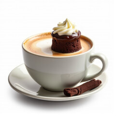 Latte in bowl shaped cup topped with mini chocolate cake, premium food, blending luxury and comfort, decadent combination inspires indulgence, opulent style suits high end dessert and cafe campaigns
