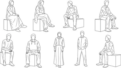 Black and white line art of modestly dressed women in seated and standing poses, fashion and posture reference for design use