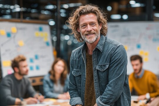 Portrait of a confident team leader smiling during a creative brainstorming session with his team in a modern office