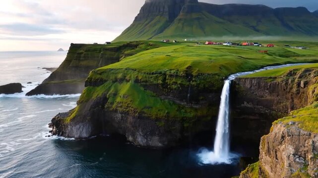 Bird&rsquo;s-eye view of G&aacute;sadalur waterfall cascading into the Atlantic Ocean, surrounded by steep cliffs, verdant Faroe Islands scenery, and quaint traditional village houses.