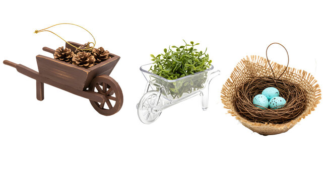 Minimalistic wooden wheelbarrows holding pine cones and greenery with a bird's nest containing blue eggs, perfect for spring or Easter decorations - Powered by Adobe