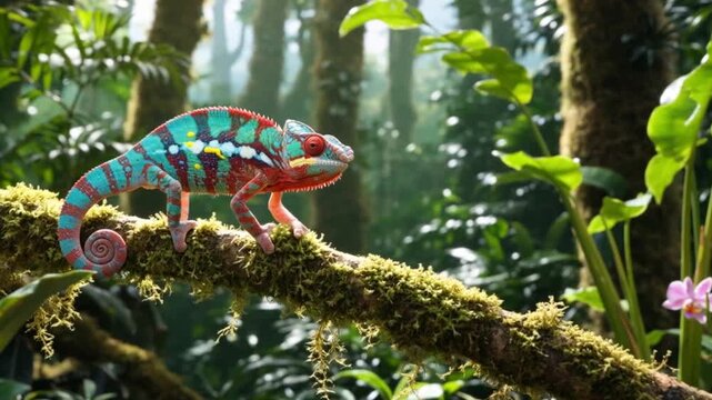 Vibrant chameleon covered in bright paint splashes, set in a lively, colorful animal kingdom scene.