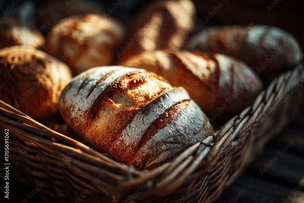 Poster crusty loaves of freshly baked bread rest in a wicker basket, creating a warm and inviting bakery sc