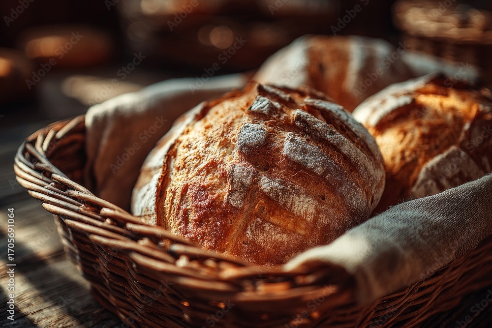 Poster Crusty loaves of freshly baked bread rest in a wicker basket, creating a rustic and inviting bakery scene