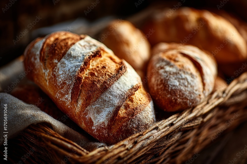 Poster Crusty loaves of freshly baked bread rest in a wicker basket lined with a rustic cloth, creating a warm and inviting scene