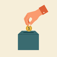 Hand putting a coin with dollar sign into a donation box. Charity and giving concept.