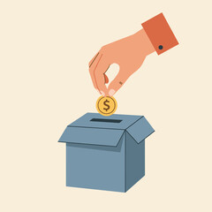 Hand puts coin in donation box. Concept of charity, investment and finance. Vector illustration.