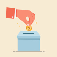 Hand putting dollar coin in donation box, charity and financial support concept.