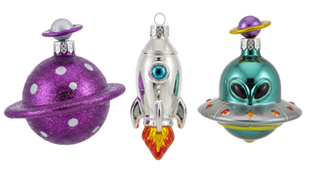 Purple planet, silver rocket, and green alien spaceship Christmas ornaments, perfect for space-themed holiday decorations