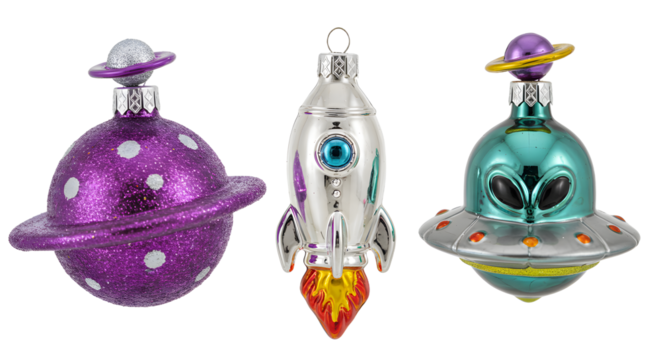 Purple planet, silver rocket, and green alien spaceship Christmas ornaments, perfect for space-themed holiday decorations