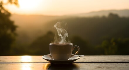 Peaceful morning scene with a warm cup of coffee, steam rising, and a stunning sunrise over a tranquil forest valley