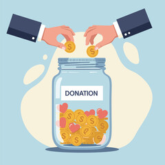 Hands putting coins into a donation jar with hearts. Concept for charity and fundraising.