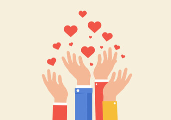 Hands reaching for hearts, love and support concept, vector illustration design for graphic and web design.
